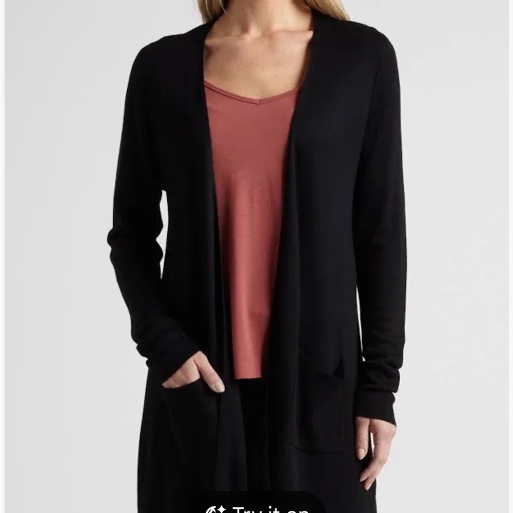 Joseph A Women Long Black Open Front Cardigan L Minimalist Quiet Luxury‎ Capsule
